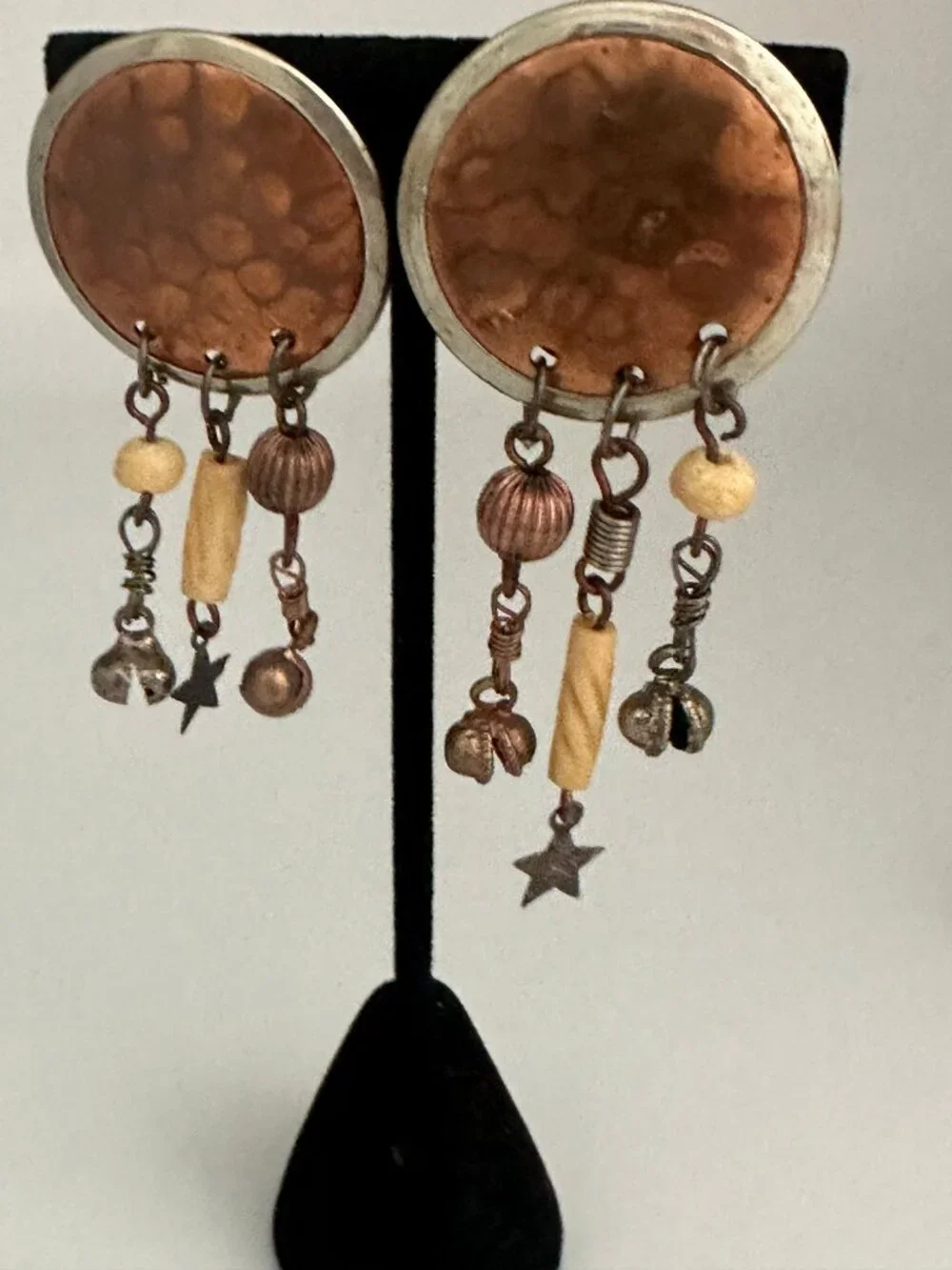 Vintage Artisan Copper Mixed Metal Asymmetrical Clip On Earrings 2.5